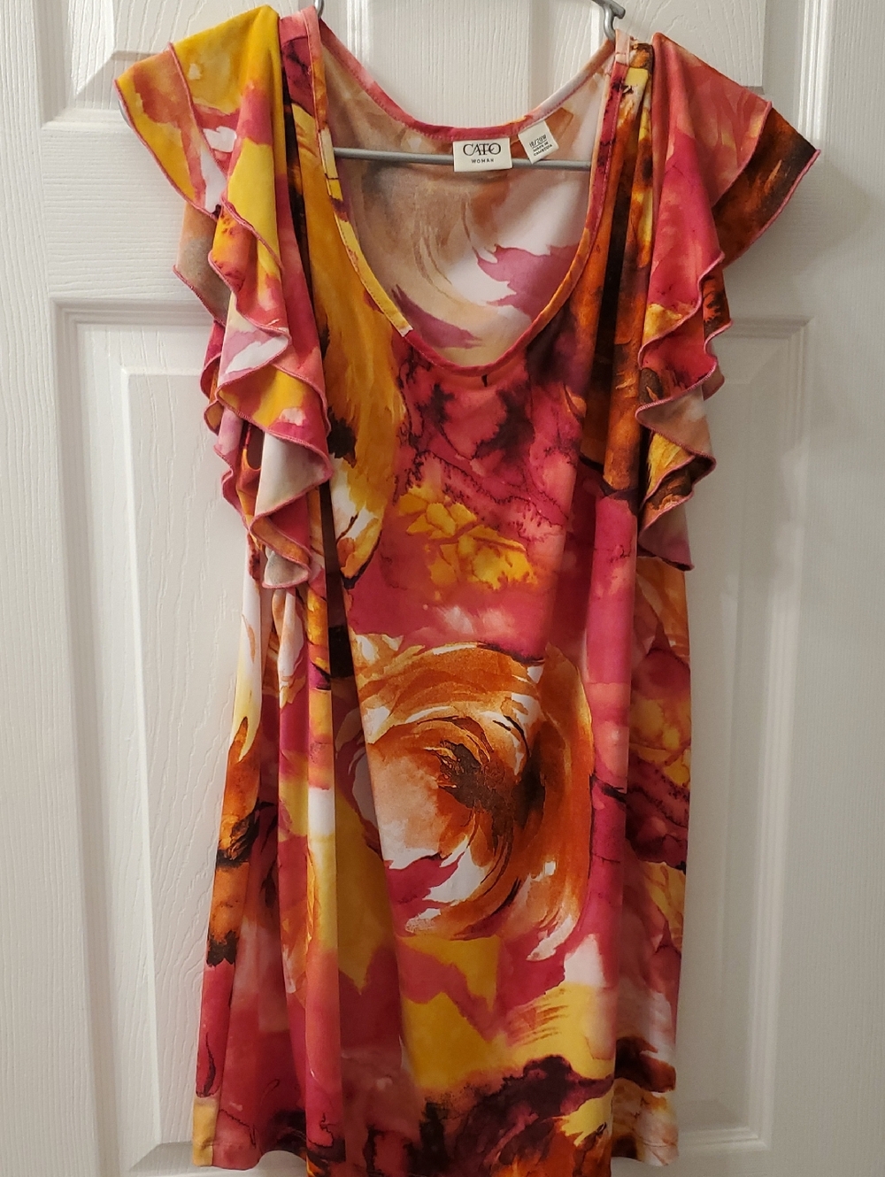 Cato Floral Ruffle Sleeve Scoop Neck Tank in Pink, Yellow, Orange